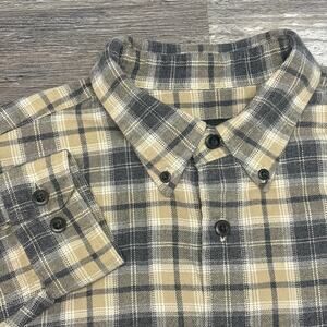 Eddie Bauer Flannel Shirt Gray Cream Tartan Plaid Mens M Long Sleeve Button Down